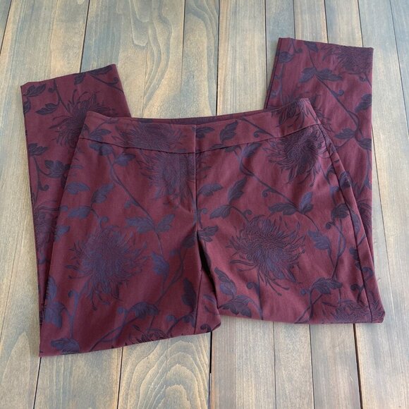 Ann Taylor FactorySignature Floral Chino Pants Stretch Maroon Curvy Size 8 (M5) - Picture 1 of 9